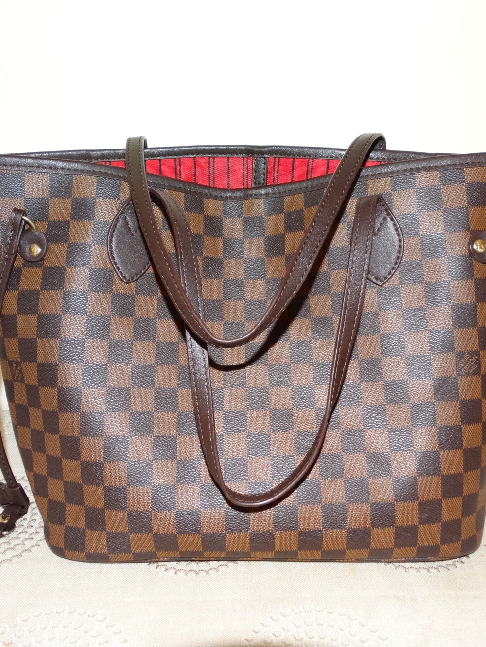 Brown Checkered Tote Bag with Red Interior